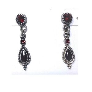 Ethel and Myrtle Silver tone Earrings Antique Style Red Pierced Dangle Drop